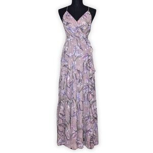 ASTR the label V-Neck Printed Holland Ruffled Cascade Maxi Dress‎ Lilac Size M